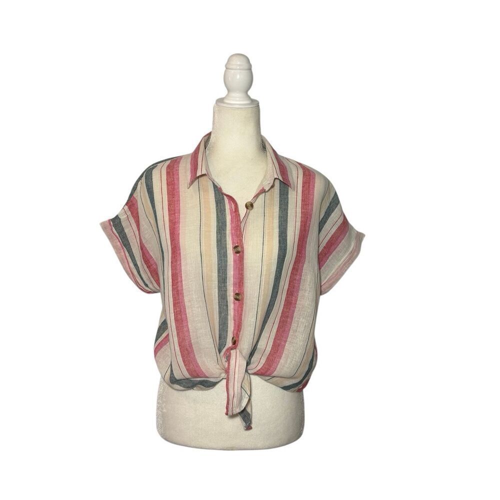 Thread + Supply tie front linen blue and red striped button down blouse - L